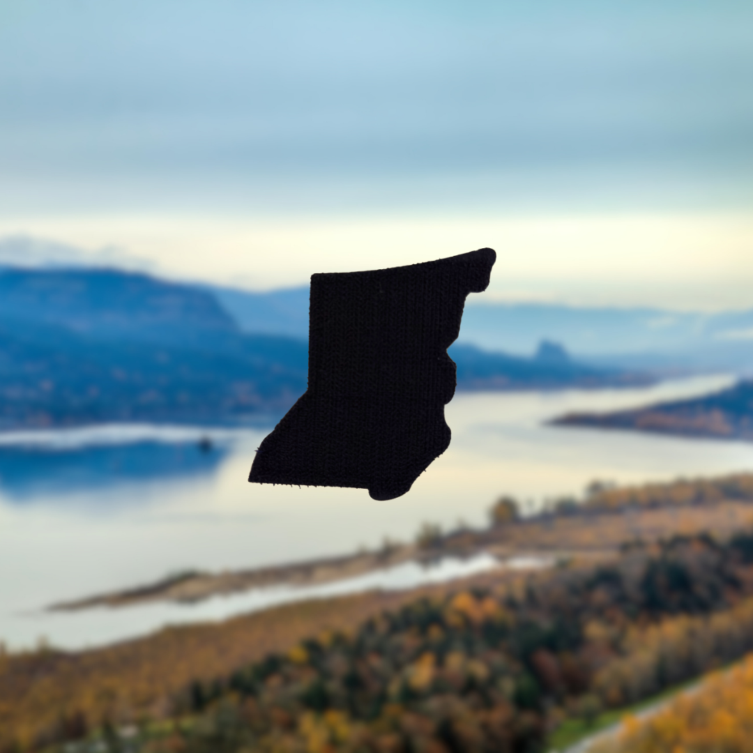 Black silhouette of a bc patch against a blurred natural landscape with mountains and water.