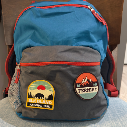 elk island national park and fernie patch on a backpack