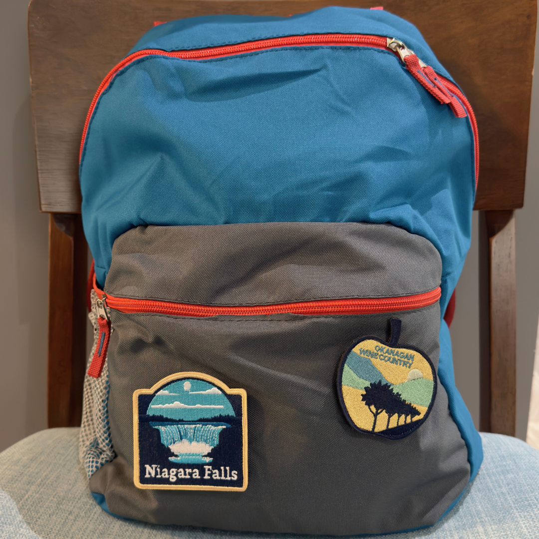 niagara falls and okanagan travel patch on a backpack