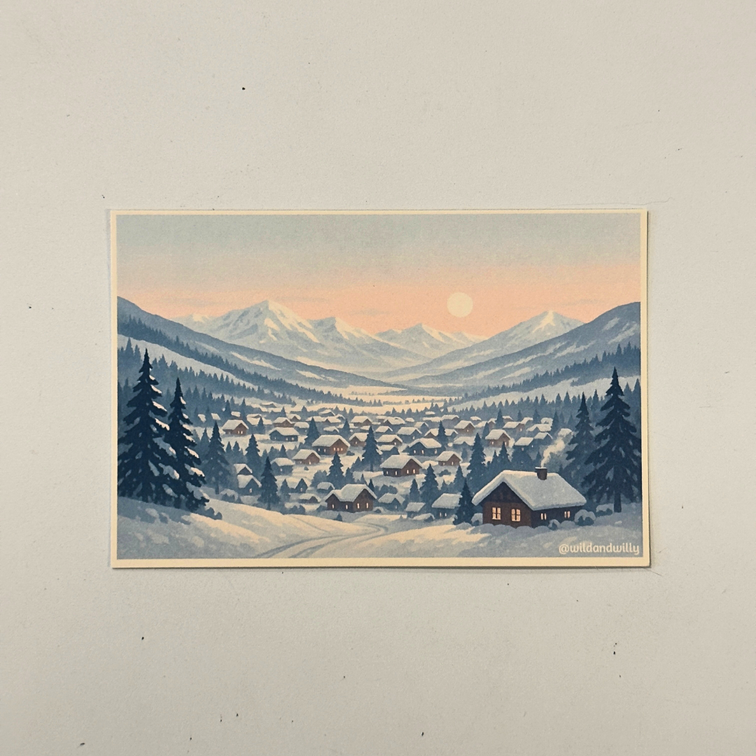 ski resort town postcard